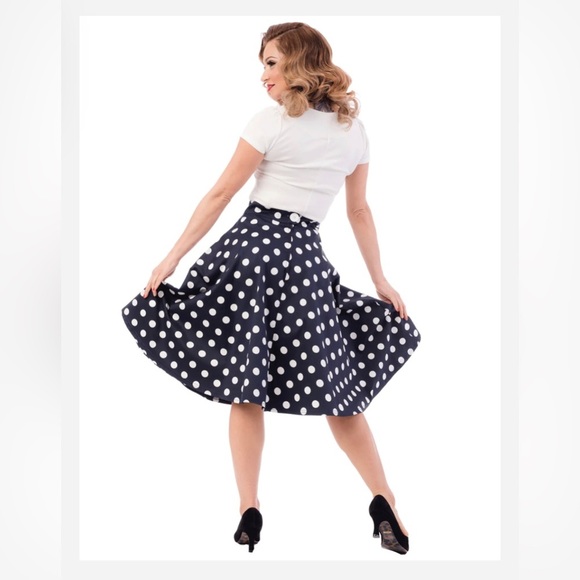 Navy and White Polka Dot Midi Full Circle Skirt - Picture 3 of 4